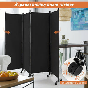 4-Panel Folding Room Divider 6 Feet Rolling Privacy Screen with Lockable Wheels-Black view 8
