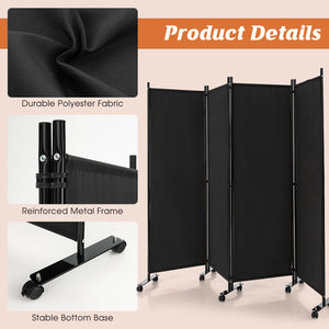 4-Panel Folding Room Divider 6 Feet Rolling Privacy Screen with Lockable Wheels-Black view 9