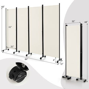 4-Panel Folding Room Divider 6 Feet Rolling Privacy Screen with Lockable Wheels-White view 4