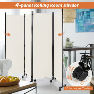 4-Panel Folding Room Divider 6 Feet Rolling Privacy Screen with Lockable Wheels-White view 9