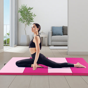 4-Panel PU Leather Folding Exercise Mat with Carrying Handles-Hot Pink view 2
