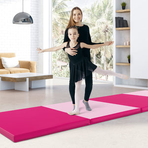 4-Panel PU Leather Folding Exercise Mat with Carrying Handles-Hot Pink view 3