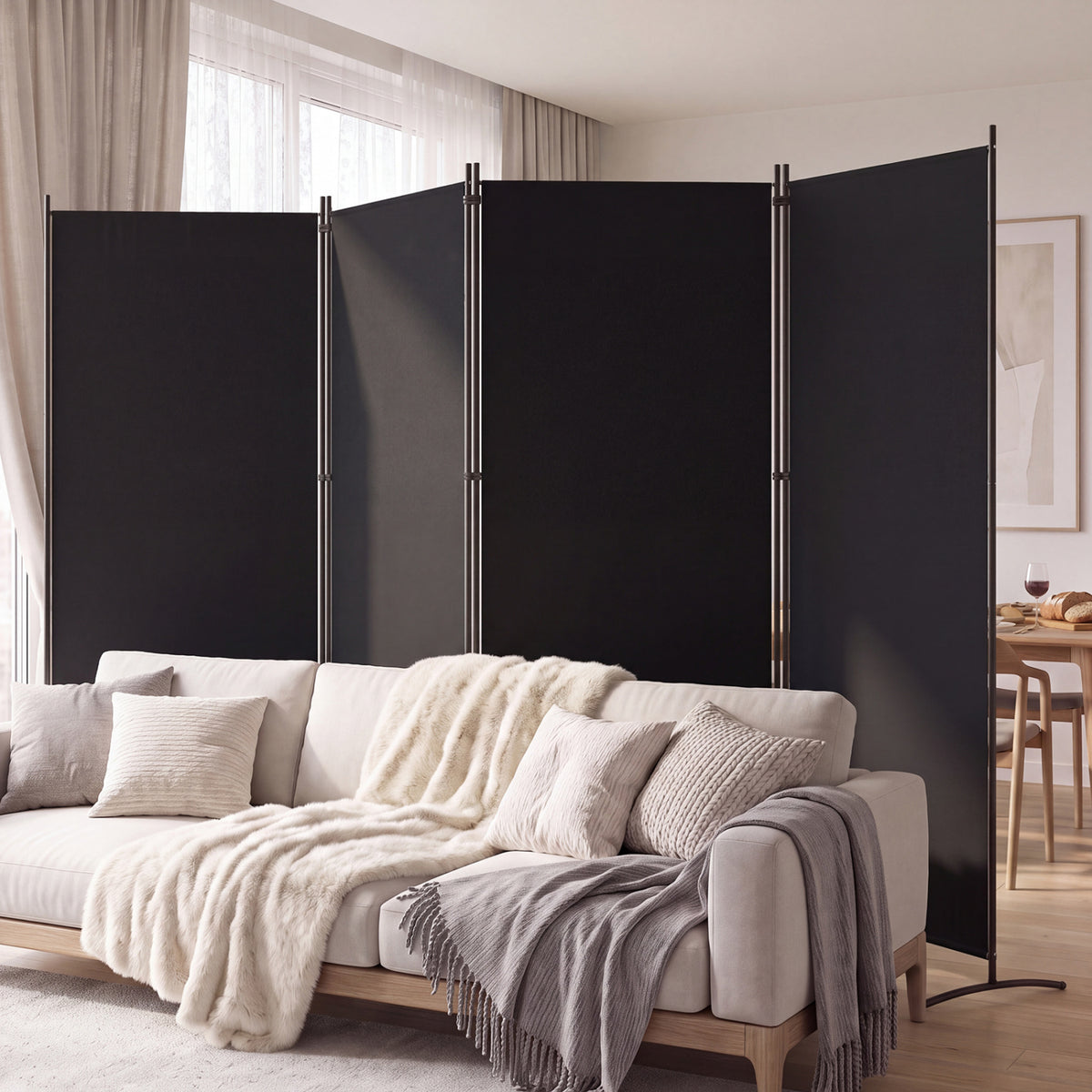 4 Panel Room Divider 6 FT Tall Folding Privacy Screen with Curved Metal Feet-Black view 2