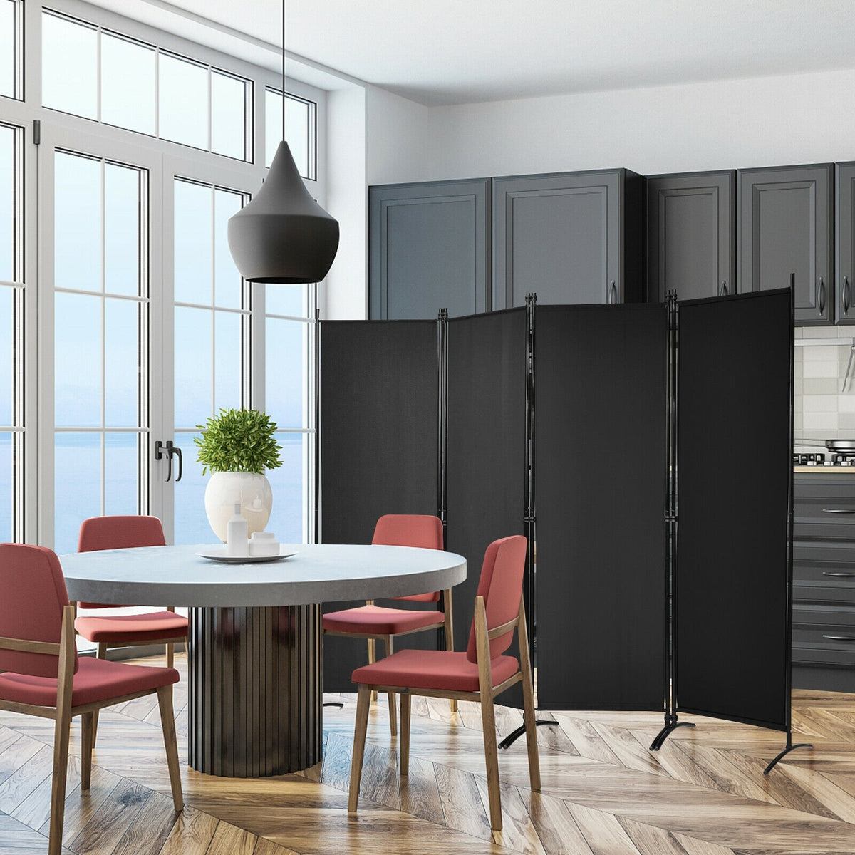 4-Panel, Room Divider with Steel Frame-Black view 2