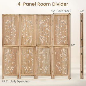 4-Panel Wooden Room Divider with Palm Leaf Design & Paulownia Frame for Home view 4