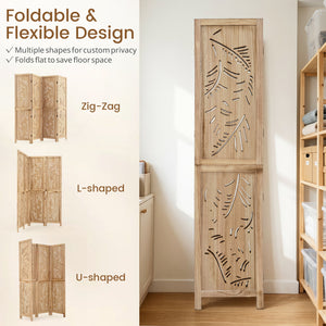 4-Panel Wooden Room Divider with Palm Leaf Design & Paulownia Frame for Home view 8