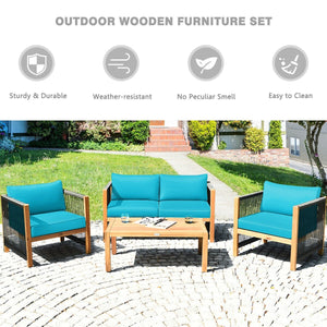 4 Pcs Acacia Wood Outdoor Patio Furniture Set with Cushions-Turquoise view 3