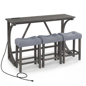 4-Piece Bar Table Set with Power Outlet and Upholstered Saddle Seat Stools-Black view 4
