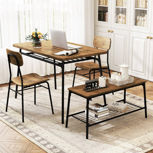 4 Piece Dining Table Set for 4 Metal Frame with Bench and 2 Chairs-Brown view 3