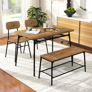 4 Piece Dining Table Set for 4 Metal Frame with Bench and 2 Chairs-Brown view 5
