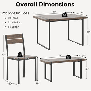 4-Piece Dining Table Set for 4 with 1 Bench and 2 Chairs-Gray view 5