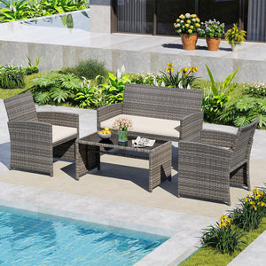 4 Piece Patio Conversation Set Rattan Chair Loveseat and Table Set-Off White view 2