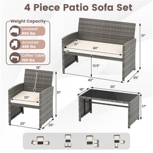 4 Piece Patio Conversation Set Rattan Chair Loveseat and Table Set-Off White view 5
