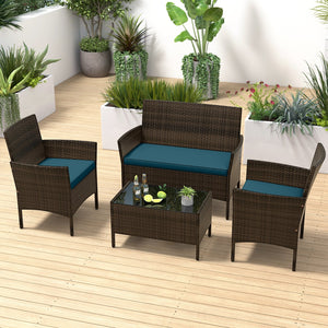4 Piece Patio Rattan Conversation Set with Cozy Seat Cushions-Peacock Blue view 2