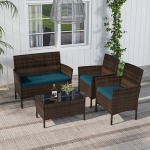 4 Piece Patio Rattan Conversation Set with Cozy Seat Cushions-Peacock Blue view 3