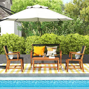 4 Pieces Acacia Wood Patio Conversation Table and Chair Set with Hand Woven Rope view 3