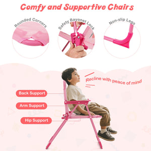 4 Pieces Kids Picnic Set with 2 Folding Chairs and Height Adjustable Umbrella-Pink view 7
