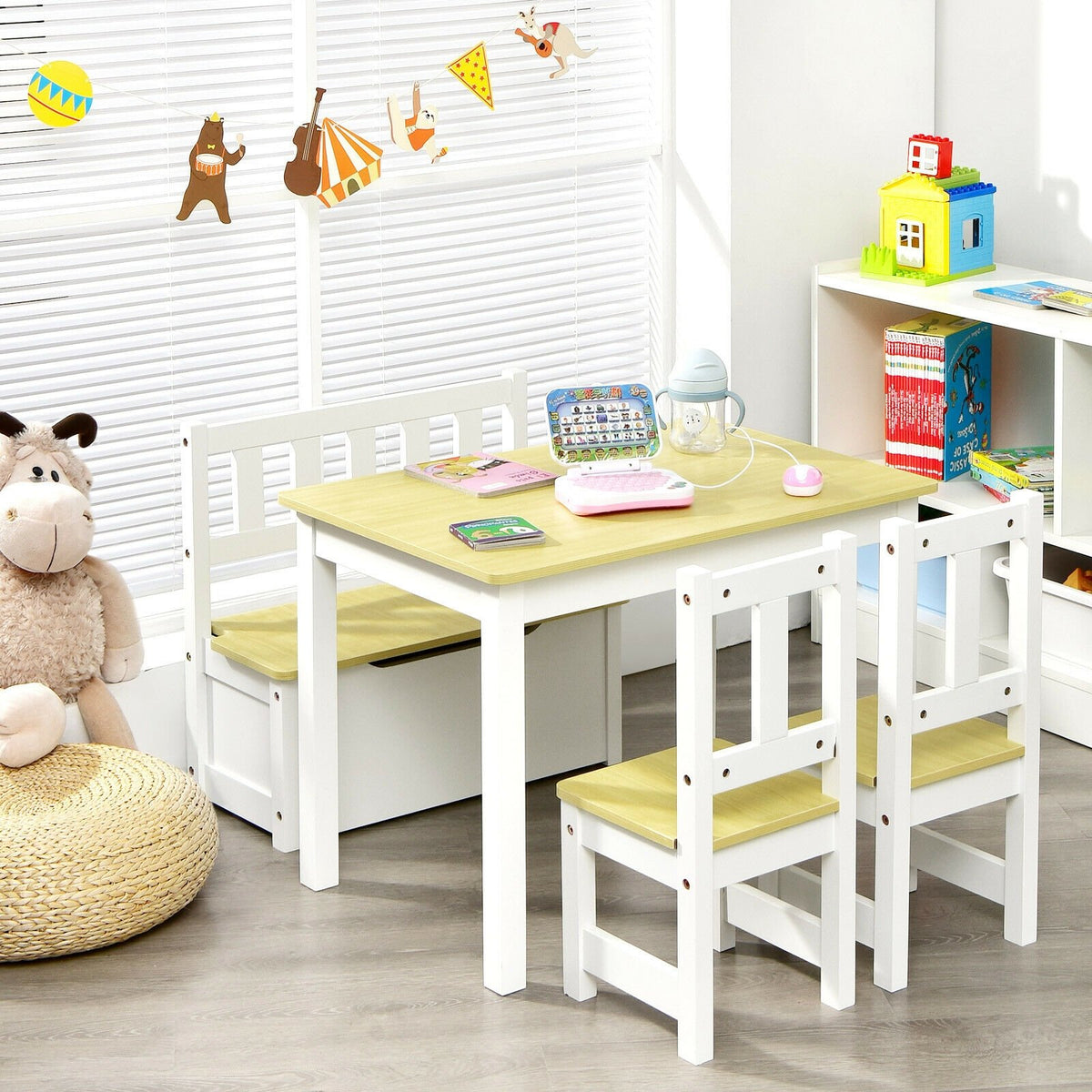4 Pieces Kids Wooden Activity Table and Chairs Set with Storage Bench and Study Desk-Natural view 2