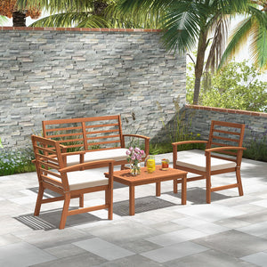 4 Pieces Outdoor Furniture Set with Stable Acacia Wood Frame-Beige view 6