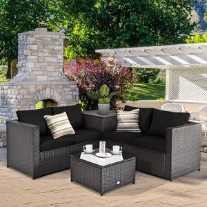 4 Pieces Outdoor Patio Rattan Furniture Set with Loveseat and Storage Box-Black view 2