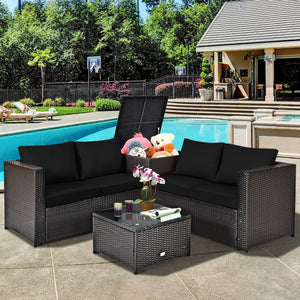 4 Pieces Outdoor Patio Rattan Furniture Set with Loveseat and Storage Box-Black view 3