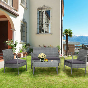 4 Pieces Outdoor Rattan Conversation Set with Comfortable Cushion view 2