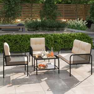 4 Pieces Patio Furniture Set PE Rattan Sofa Chairs with Loveseat-Beige view 3