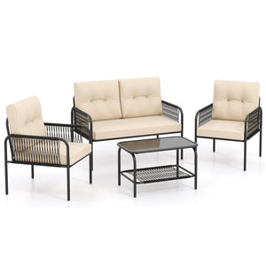 4 Pieces Patio Furniture Set PE Rattan Sofa Chairs with Loveseat-Beige view 4