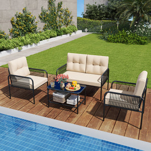 4 Pieces Patio Furniture Set PE Rattan Sofa Chairs with Loveseat-Beige view 6
