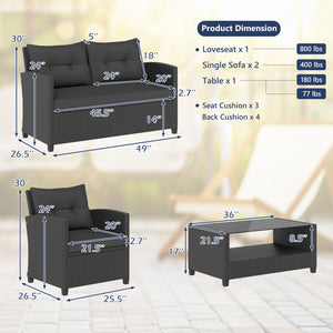 4 Pieces Patio Rattan Conversation Furniture Set with Glass Top Coffee Table-Black view 5