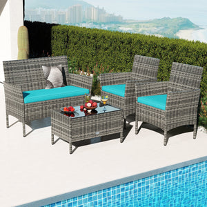 4 Pieces Patio Rattan Conversation Set with Tempered Glass Coffee Table-Turquoise view 2