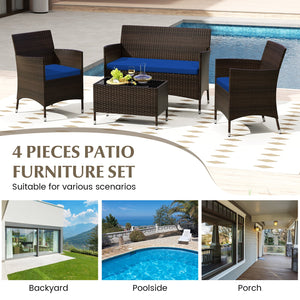 4 Pieces Rattan Sofa Set with Glass Table and Comfortable Wicker for Outdoor Patio-Navy view 6