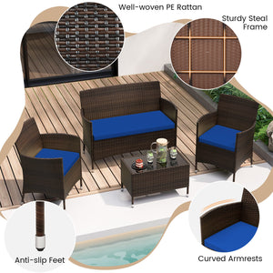 4 Pieces Rattan Sofa Set with Glass Table and Comfortable Wicker for Outdoor Patio-Navy view 9