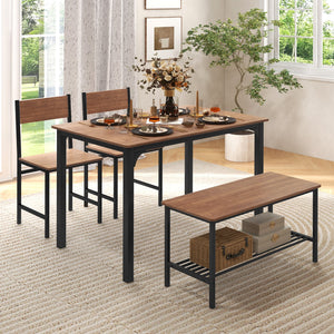 4 Pieces Rustic Dining Table Set with 2 Chairs and Bench-Brown view 2
