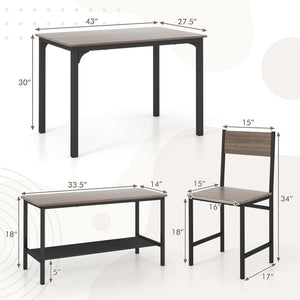 4 Pieces Rustic Dining Table Set with 2 Chairs and Bench-Gray view 4