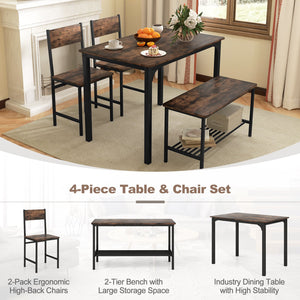 4 Pieces Rustic Dining Table Set with 2 Chairs and Bench-Rustic Brown view 8
