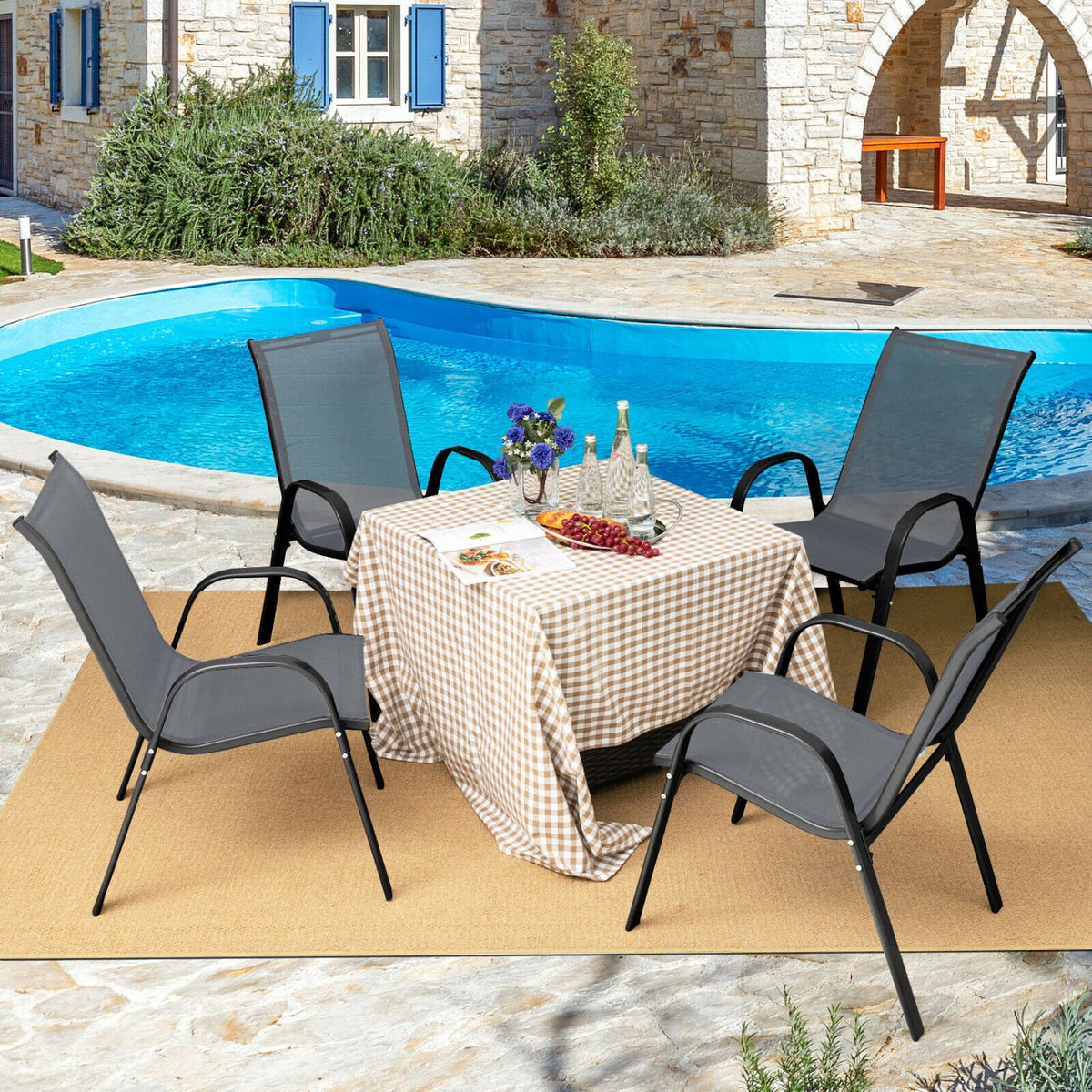 4 Pieces Stackable Patio Dining Chairs Set with Armrest-Gray view 2