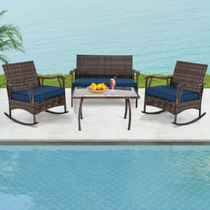 4 Pieces Wicker Rocking Set with Bungee Rope Seat for Porch Yard-Navy view 2