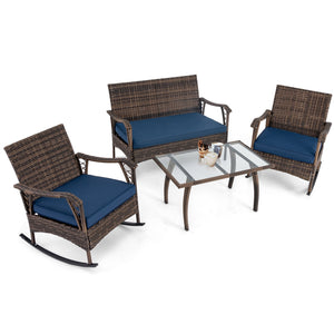 4 Pieces Wicker Rocking Set with Bungee Rope Seat for Porch Yard-Navy view 4