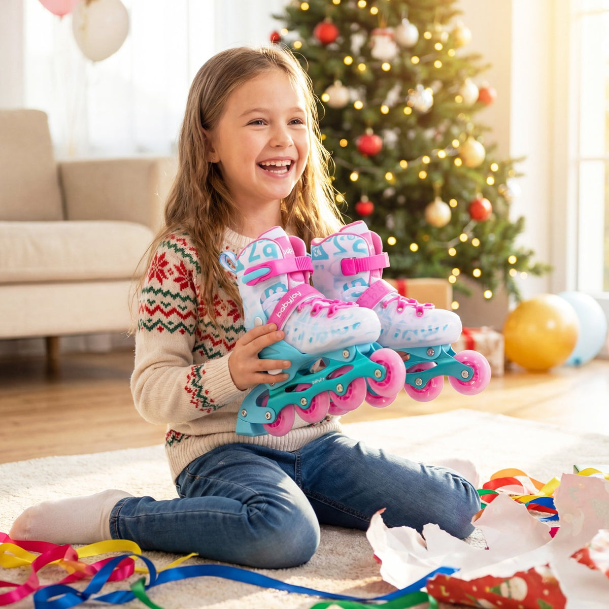 4-Size Adjustable Illuminating Kids Inline Skates with Light Up Wheels-Blue and Pink view 2