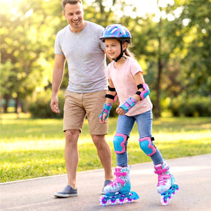 4-Size Adjustable Illuminating Kids Inline Skates with Light Up Wheels-Blue and Pink view 3