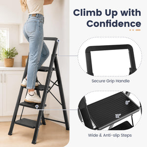 4 Step Black Folding Step Stool with Wide Anti-slip Pedals view 7