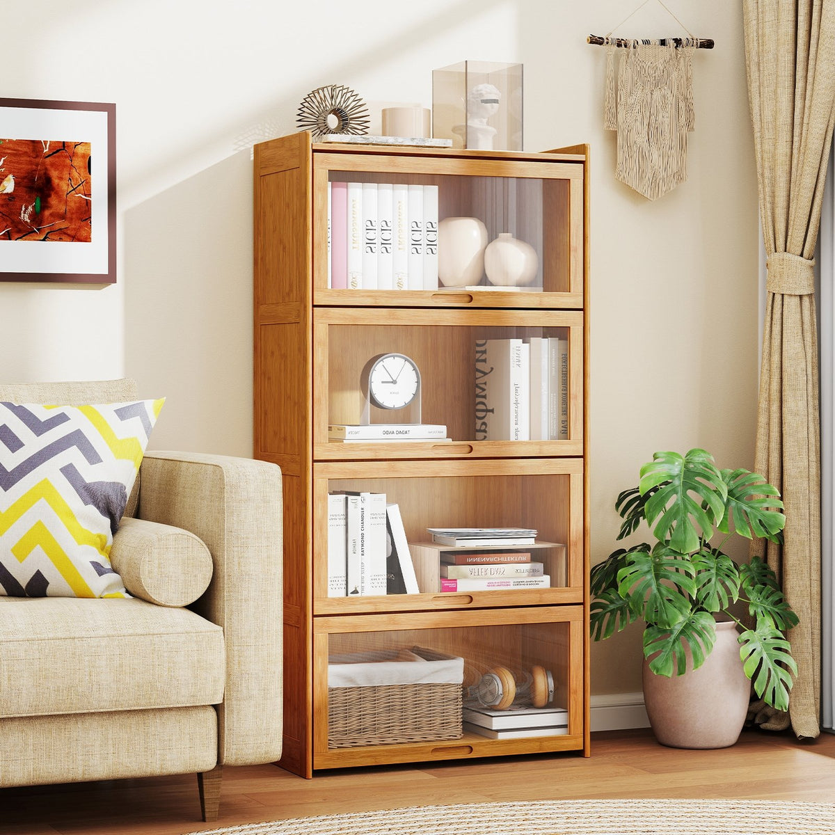 4-Tier Bamboo Bookcase with Doors for Study Room Living Room-Natural view 2