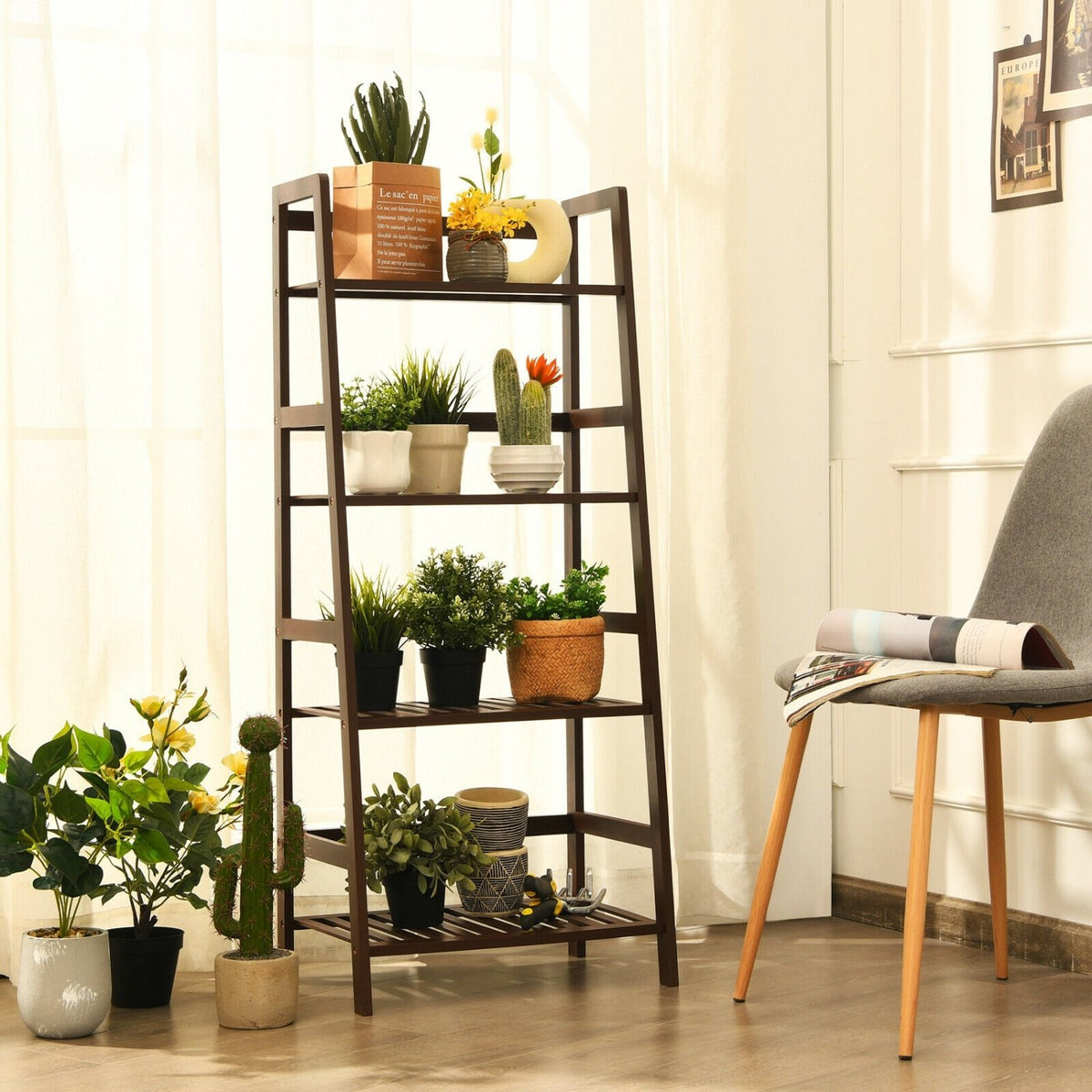 4-Tier Bamboo Plant Rack with Guardrails Stable and Space-Saving-Brown view 2