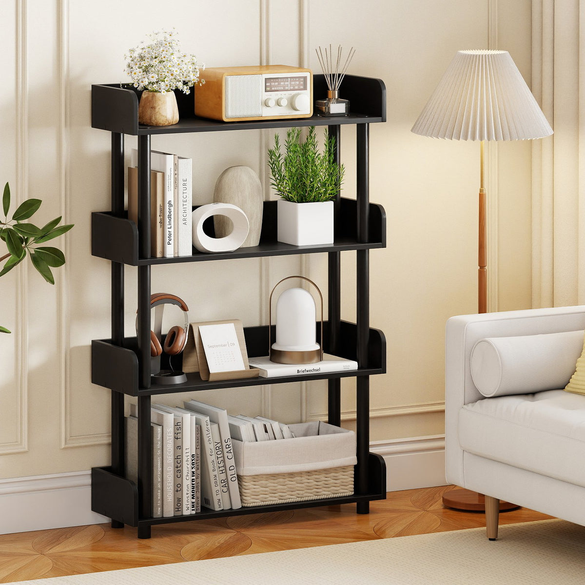 4-Tier Bookshelf Open Bookcase with Anti-Tipping Kit Industrial Storage Unit-Black view 2