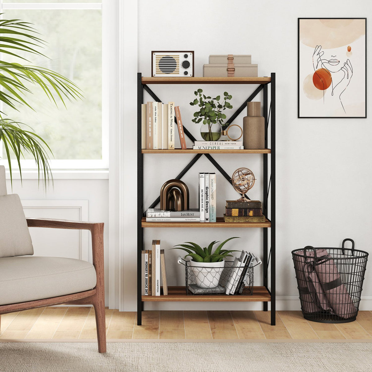 4-Tier Bookshelf with Heavy-Duty Metal Frame-Walnut view 2