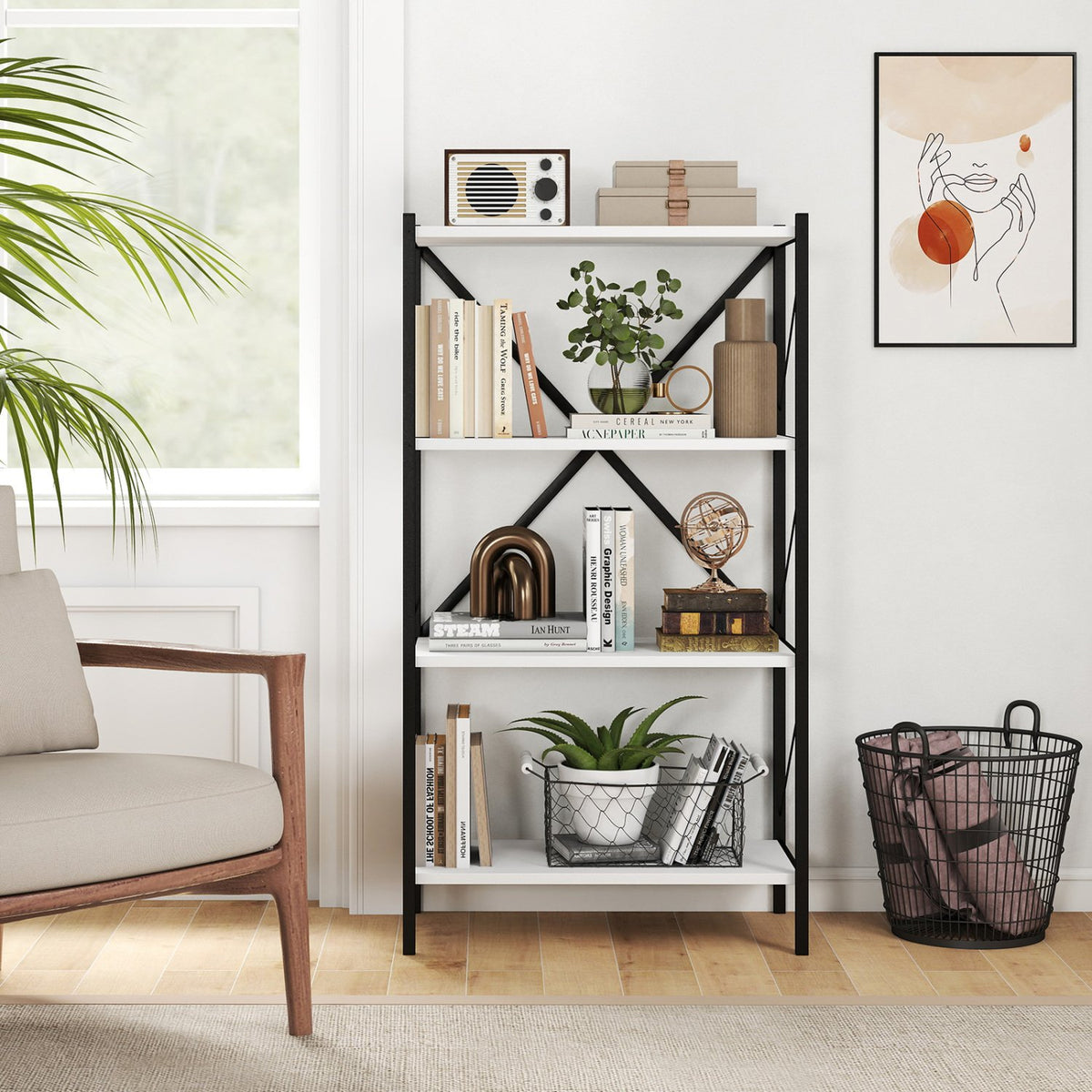4-Tier Bookshelf with Heavy-Duty Metal Frame-White view 2