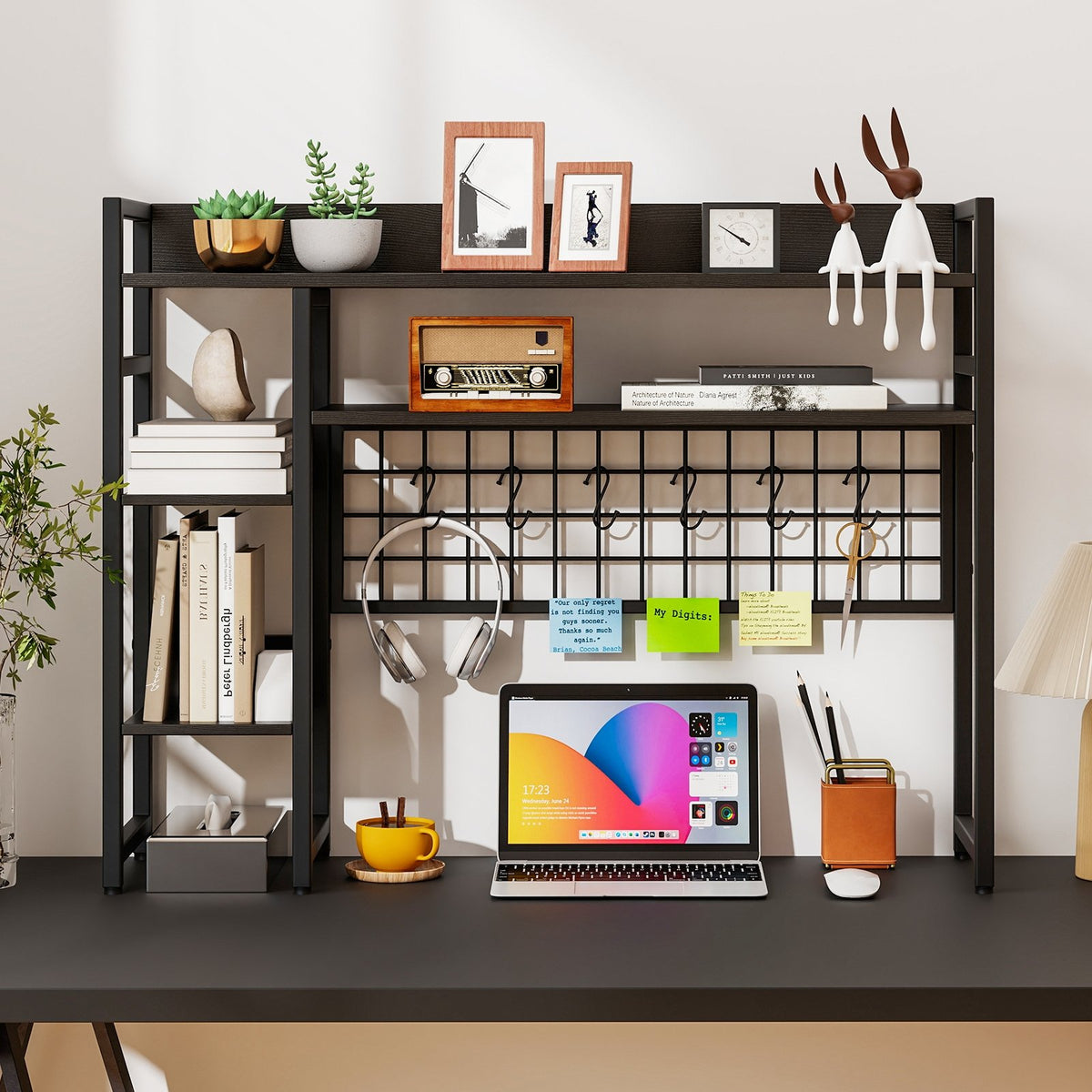 4-Tier Desk Shelf Desktop Display Rack with Metal Grid Panel and 6 Hooks-Black view 2