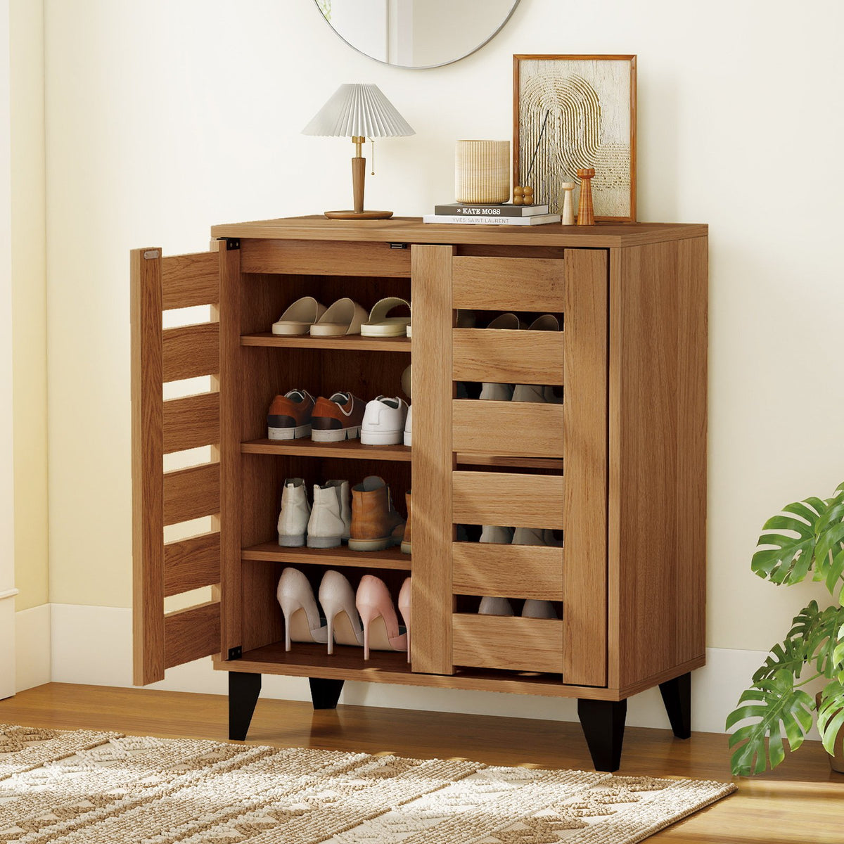 4-Tier Farmhouse Shoe Organizer with Louvered Door-Natural view 2