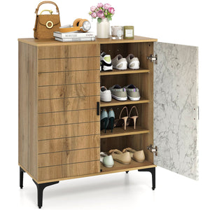 4 Tier Farmhouse Shoe Storage Cabinet with Removable Shelves and Metal Legs-Oak view 4